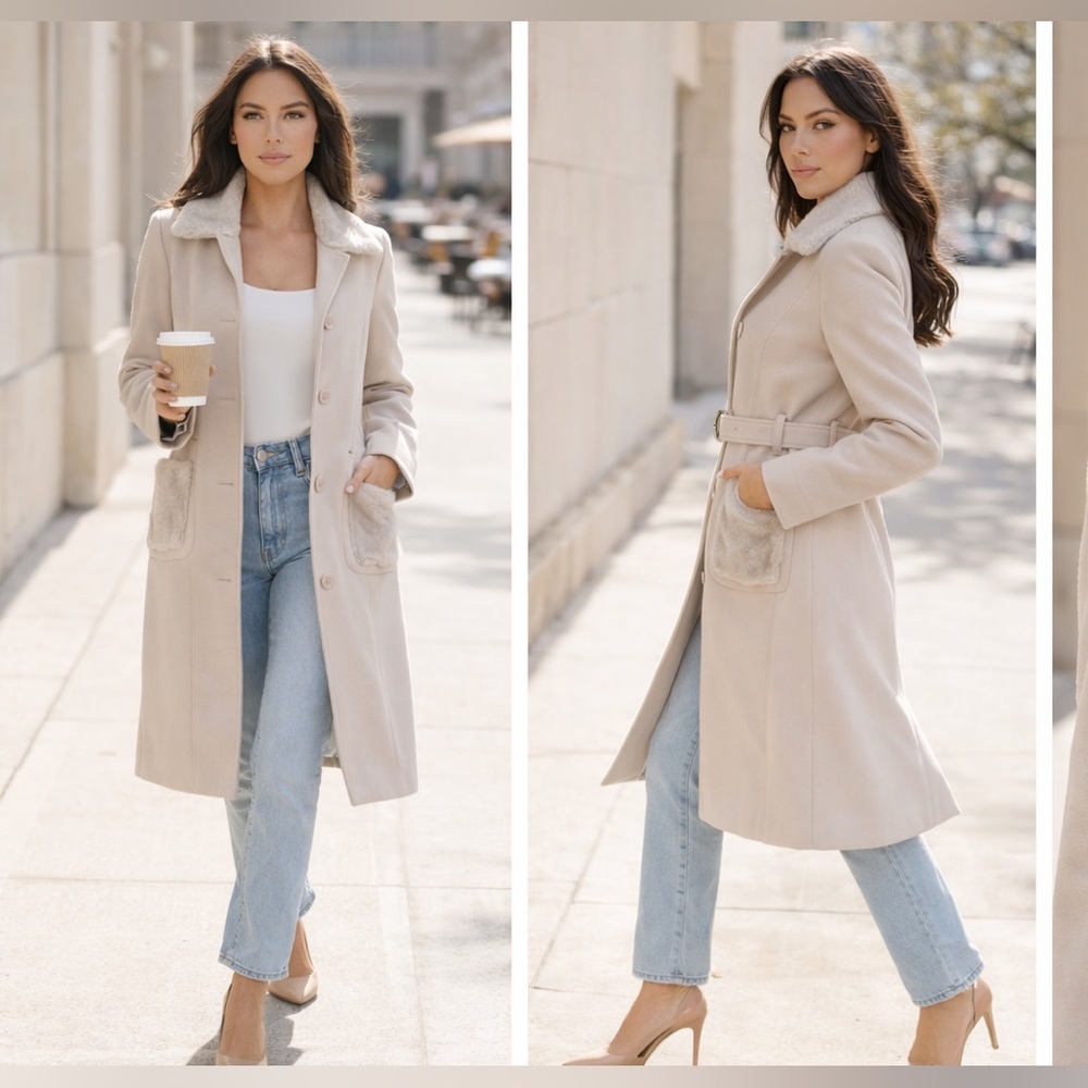 701. COST 🛑 Tan layering coat elegant faux fur pocketed peacoat spring jacket